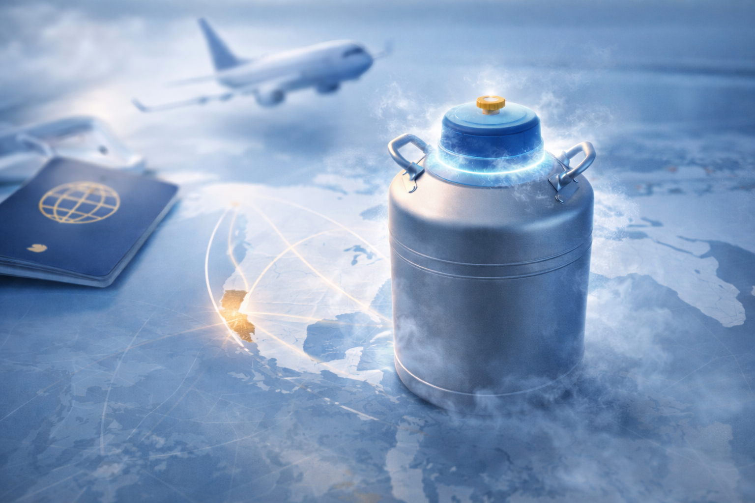 Cryogenic embryo shipping canister for international surrogacy transfer to California